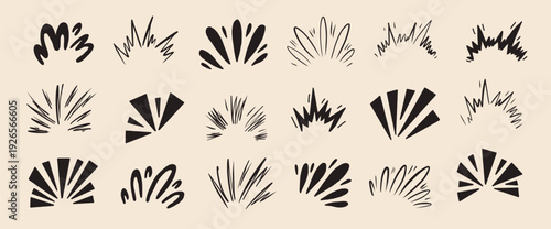 Ink drawn star sparkles with comic twinkle rays and burst effects. Hand-drawn graphic elements add playful energy, perfect for manga illustrations and dynamic design. Vector firework set isolated.