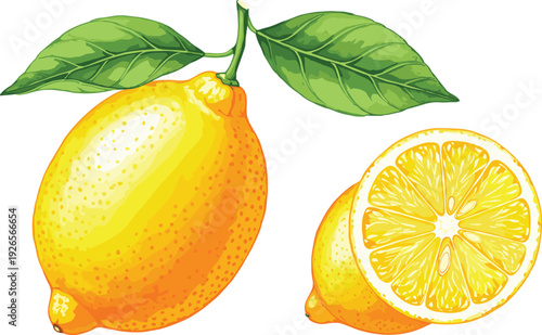 Fresh Yellow Lemon Vector Illustration with Whole Citrus Fruit Green Leaves and Juicy Sliced Half Isolated on White for Organic Beverage Labels and Kitchen Decor