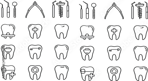 Dental Care and Orthodontic Line Icons Set with Tooth Treatment, Braces, Dentist Tools and Oral Health Outline Vector