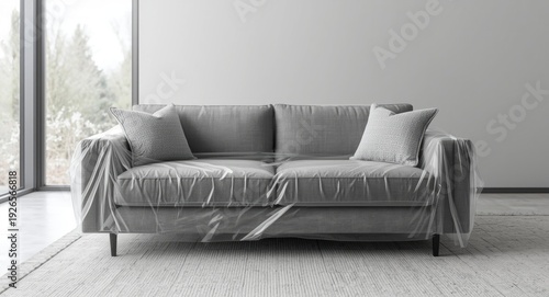 Modern home environment showing gray sofa covered in clear protective film with pillows illustrating furniture care
