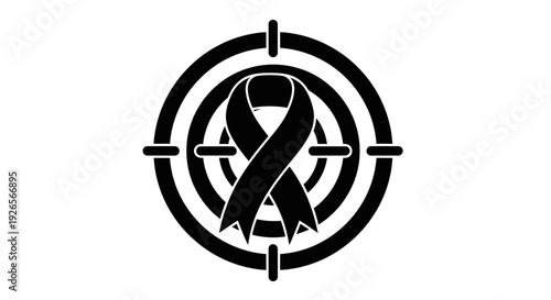 Black awareness ribbon in target symbolizing cancer support and awareness.
