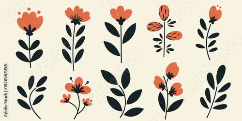 Minimalist illustration of various plants and abstract shapes on beige background