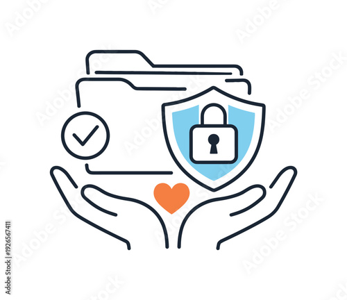 Secure data handling and information protection in a digital work environment highlighting trust, a folder icon combined with a lock and shield