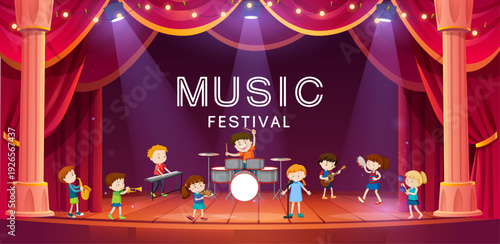 Children's Band Performing on Stage with Instruments at Music Festival, Cartoon Kids Talent Show Illustration with Spotlights and Red Curtains.