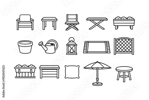 Home balcony furniture: balcony chair, balcony table, folding chair, folding table, planter box, flower pot, watering can, outdoor lantern, outdoor