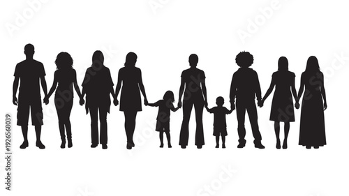 People silhouettes holding hands in a line with diverse ages and casual clothes featuring unity, togetherness, family with friends and community elements for black, white projects, clean composition