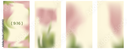 Unfocused gentle flower gradient for social media post. Blurred spring background and gentle floral frames. Summer soft beige, pink and green pastel blossom borders templates set. Vector blur organic.