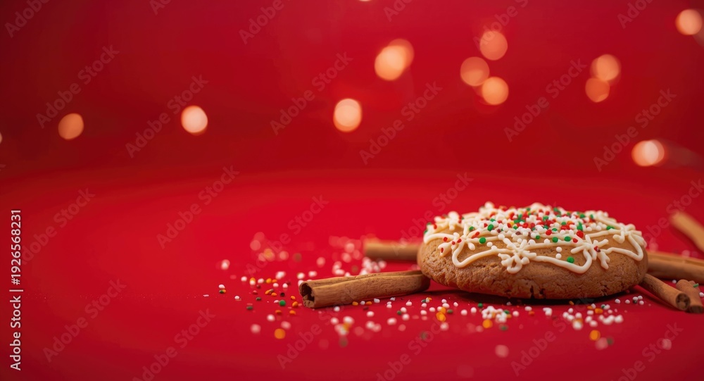 Naklejka premium Red vibrant background with gingerbread cookie and cinnamon sticks plus holiday copy space