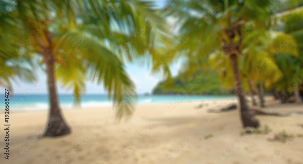 Obraz premium Soft blurred view of a tropical sandy beach and palm trees creating summer atmosphere with copy space