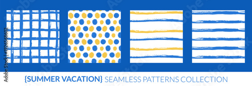 Summer seamless pattern collection. Blue and yellow stripes brush stroke, playful polka dots and gingham grid for mediterranean coastal theme. Wavy abstract streak backdrops set. Vector lines pattern.