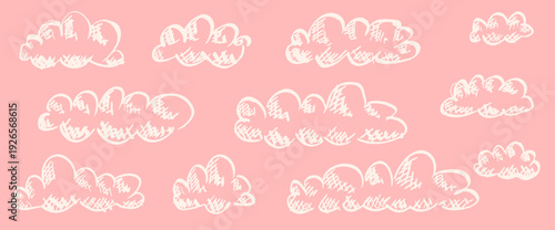 Whimsical children's clouds illustration with chalk doodles. Pastel sky with playful cloudy elements in pencil-textured hatching design for nursery decor. Vector naive windy pink creamy background.