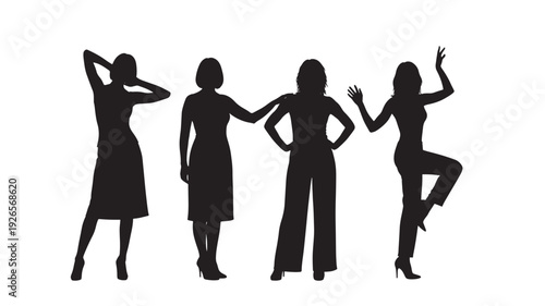 Women silhouettes standing set with four female figures in different poses, fashion outfits and heels, black cutout style isolated on white background