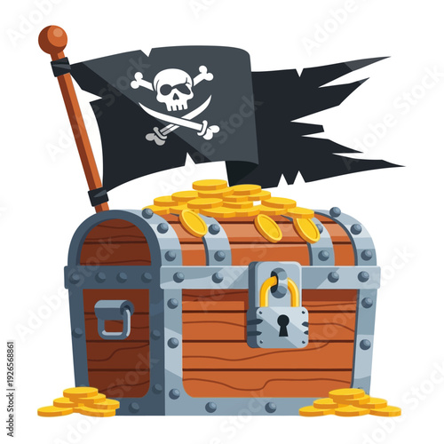 Pirate Treasure Chest Overflowing with Gold Coins and Jolly Roger Flag