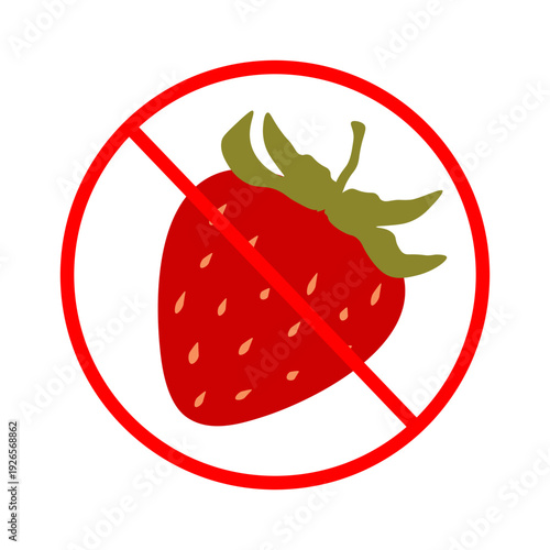 No Strawberry Prohibition Flat Vector Icon. Minimal flat vector icon showing strawberry crossed out with red prohibition symbol. Suitable for allergy warnings, food intolerance signs, diet menus, pack