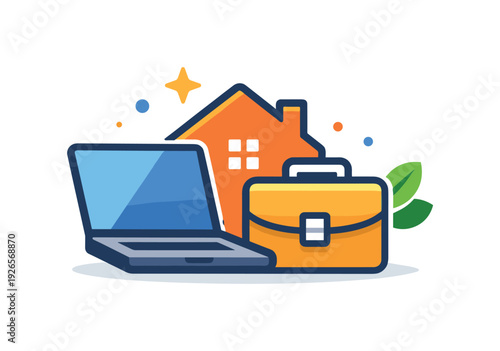 Hybrid work flexibility and balanced professional routines in a digital-first world, a laptop half-overlapping with a home icon and a briefcase