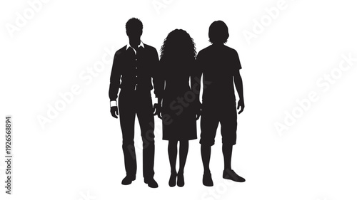 People silhouettes group standing together, black outline, isolated on white background, vector illustration, three figures, diverse group, teamwork, unity, togetherness