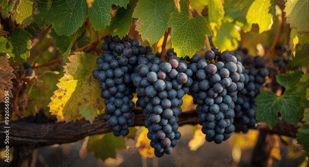 Fototapeta premium Vineyard grape clusters fully ripe among thick vine leaves