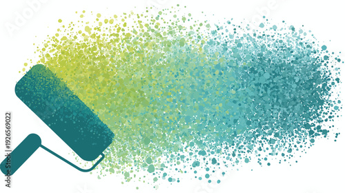 Paint roller creating abstract color splash with shades of green and blue, speckled pattern