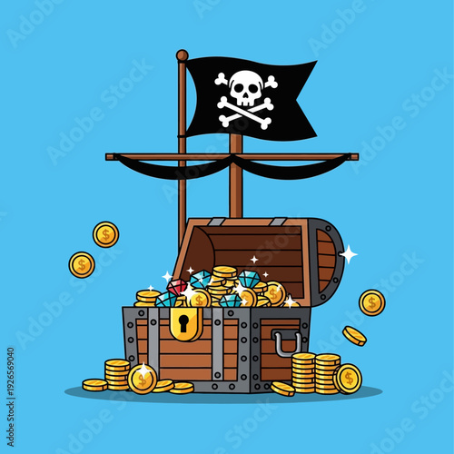 Pirate Treasure Chest Overflowing with Gold Coins and Jewels, Jolly Roger Flag