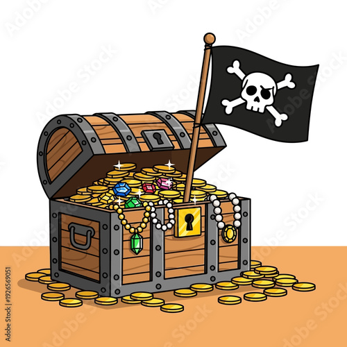 Pirate Treasure Chest Overflowing with Gold Coins and Jewels, Jolly Roger Flag