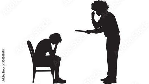 People silhouette of parent scolding child with pointing gesture and raised hand, family conflict concept, discipline and punishment scene, isolated on white background