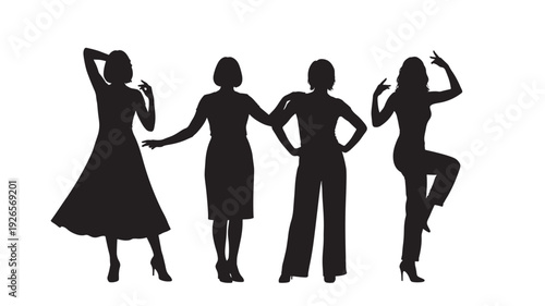 Women fashion silhouette set with four female figures posing in stylish outfits, black cutout shapes isolated on white background for design, ads, and templates