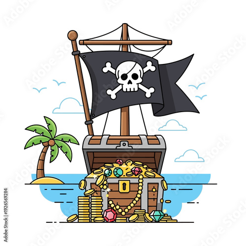 Pirate Treasure Chest Overflowing with Gold Coins and Jewels on Tropical Island