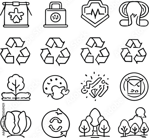 Environmental Protection and Recycling Line Icons Set with Eco Symbols, Sustainability, Nature Conservation and Green Energy Outline Vector