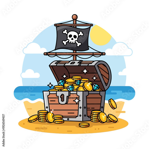 Pirate Treasure Chest Overflowing with Gold Coins and Diamonds on a Sandy Beach