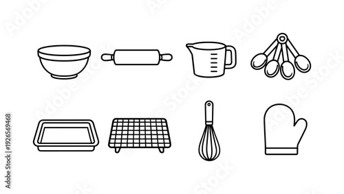 Home kitchen baking tools: mixing bowl, rolling pin, measuring cup, measuring spoon, whisk, baking tray, cooling rack, oven mitt