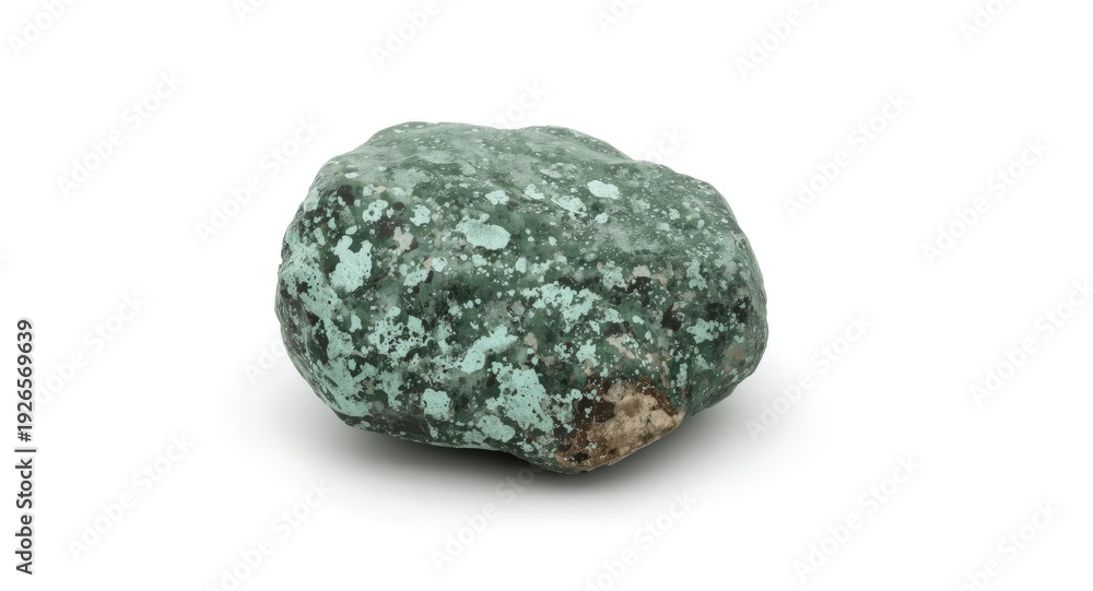 Obraz premium Intimate view of a green and white rock showing surface details on an empty white background