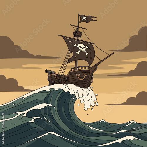 Pirate ship with Jolly Roger flag sails on a giant wave under a cloudy sky.