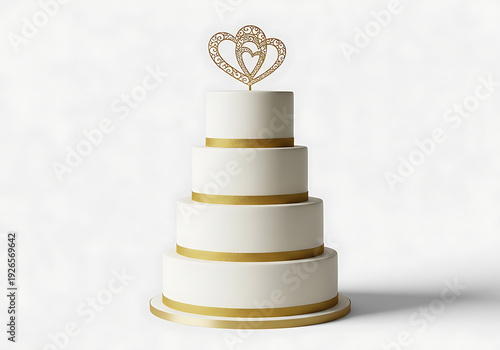 Luxurious four-tier white wedding cake decorated with gold bands at the base of each layer and a sparkling gold double heart topper, symbolizing love and romance for anniversaries,  grand celebratios