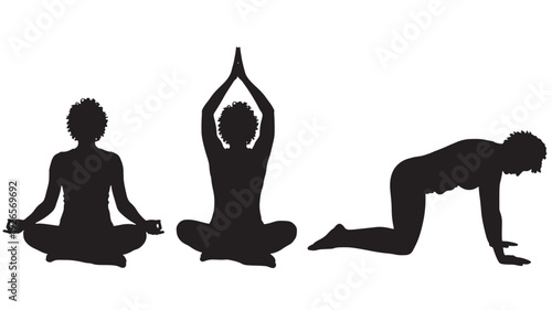 Yoga pose silhouettes set with seated meditation, hands overhead stretch, and tabletop posture, minimal black shapes isolated on white for fitness and wellness design