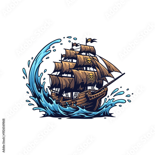 Pirate Ship Sailing Through Crashing Waves, Nautical Adventure