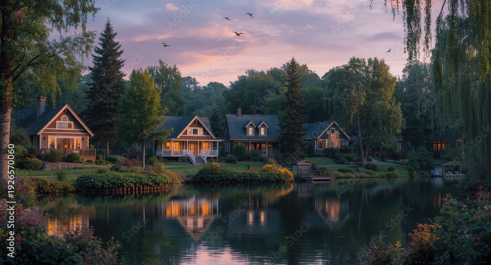 Obraz premium Tranquil lakeside neighborhood at dusk with cozy houses and lush vibrant nature reflections