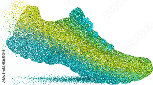 A side-view of a shoe in a pixellated style. Its colors are yellow, green, and blue
