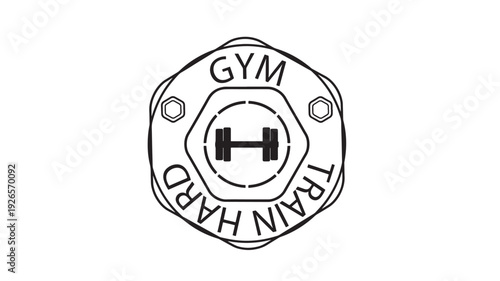 Badge gym train hard logo with barbell icon inside, minimalist black outline emblem for fitness club branding, workout motivation sticker, t-shirt print, and signage