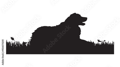 Dog silhouette lying in grass with flying leaves featuring animal, pet, canine with resting and outdoors elements for nature, landscape projects, clean composition on simple background