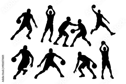Silhouettes of male basketball players in dynamic poses.