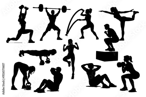 Silhouette fitness workout: men and women exercising with weights and ropes.
