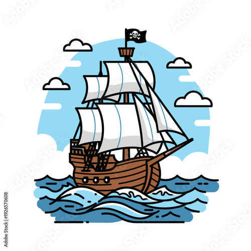 Pirate Ship Sailing on Ocean Waves Under Cloudy Sky with Jolly Roger Flag
