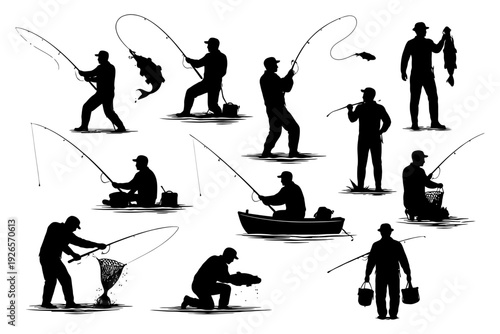 Silhouettes of male anglers fishing with rods and caught fish imagery.
