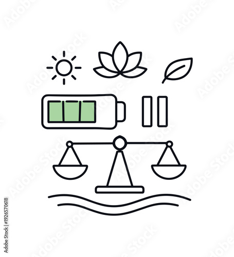 Mindful workday balance and burnout prevention in everyday professional life focused on sustainability and wellbeing, a battery icon at mid level