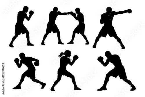 Silhouette boxing athletes in action poses.