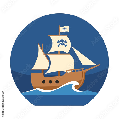 Pirate Ship Sailing on Blue Ocean with Jolly Roger Flag