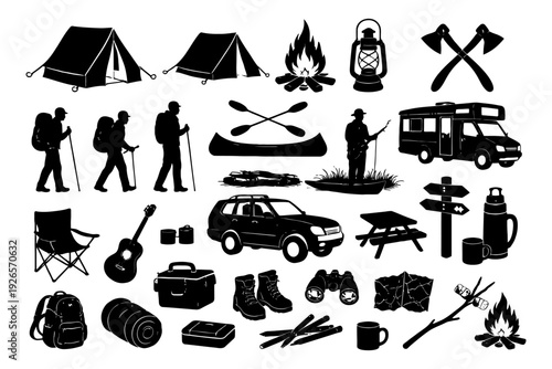 Silhouette set of camping and outdoor adventure icons for enthusiasts.