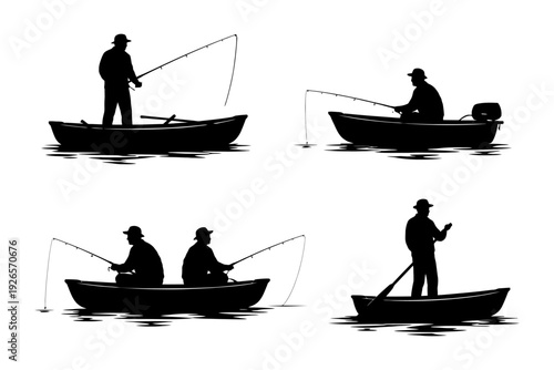 Silhouettes of male anglers in boats fishing on calm water.