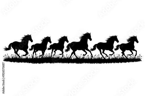 Silhouette of running horses on grassy field with wind-blown manes.