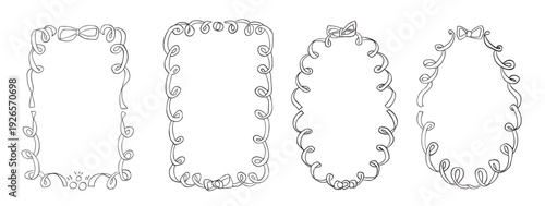Bachelorette whimsical frames hand drawn set. Coquette borders with bows set. Ribbon and lace squiggle scallop menu cadre. Vector wedding frame isolated on white background.